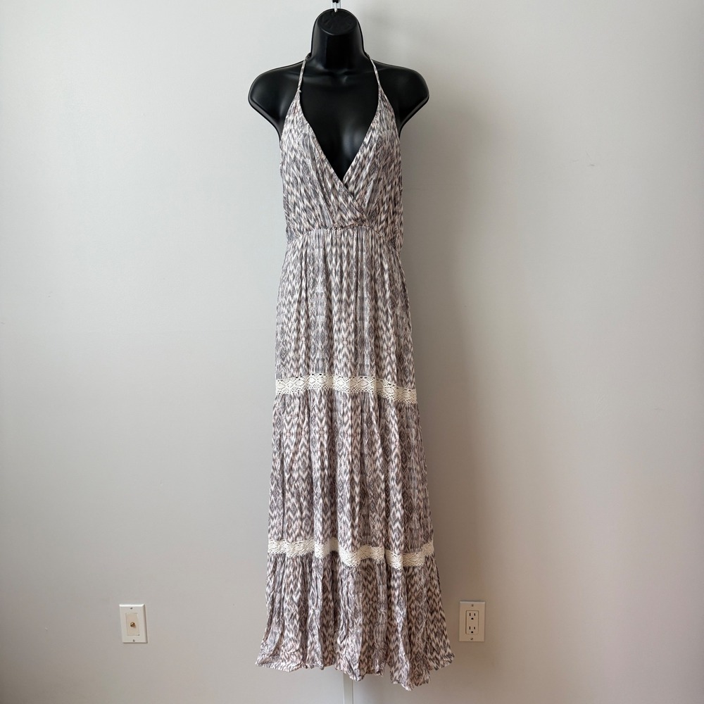 William B. S Gray‎ Halter Maxi Dress Crochet Trim Tiered Boho Cottage Resortwear